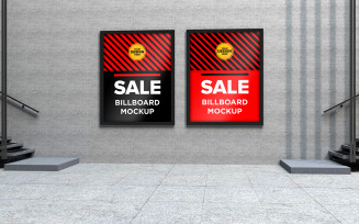 Two sign board mockup in shopping center with black friday sale banner product mockup