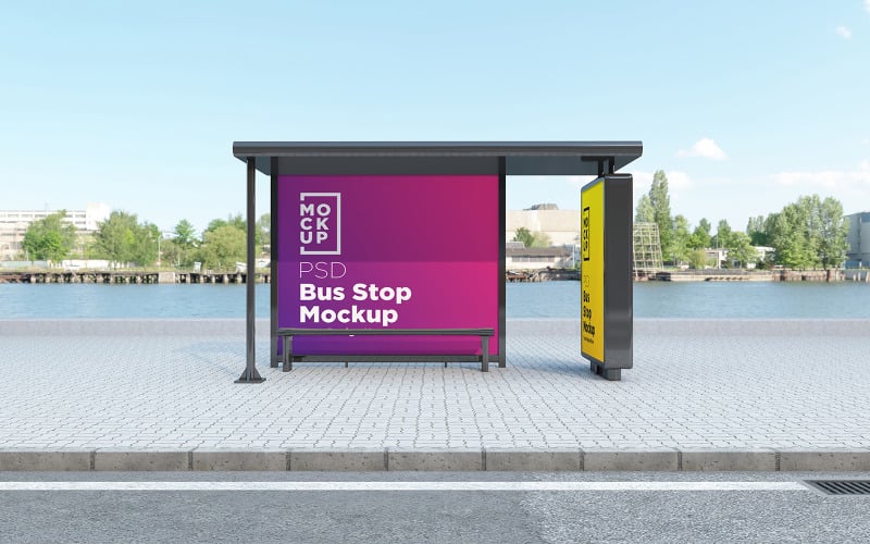 Bus stop Shelter with two sign product mockup Product Mockup