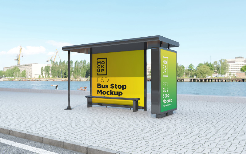 Bus stop Shelter with two signage product mockup Product Mockup