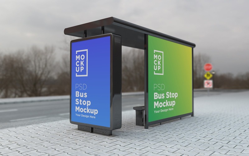 Bus stop with 2 Shelter advertisement Signage product mockup Product Mockup