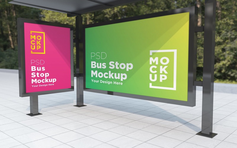 Bus Stop with 2 sign advertising product mockup Product Mockup