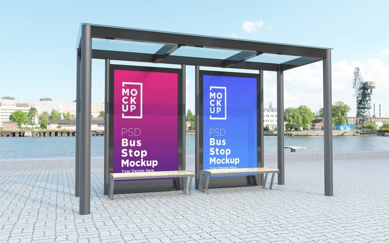 Bus Stop with 2 Signage advertisement product mockup Product Mockup