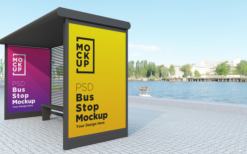 Bus Stop with 2 Signage advertisement signage product mockup Product Mockup