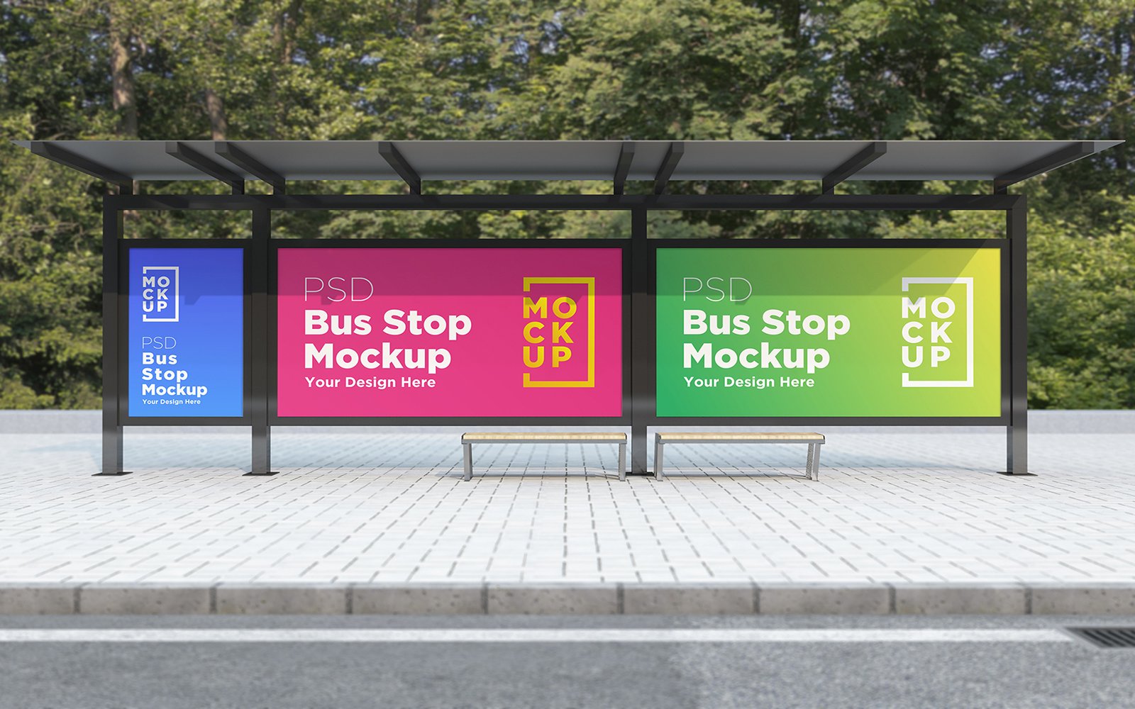 Download Bus Stop with 3 Billboard advertisement sign product mockup - Мокап  для продукта на тему графика