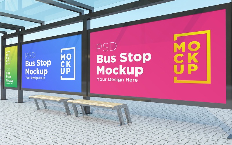 Bus Stop with 3 Billboard advertisement signage product mockup Product Mockup