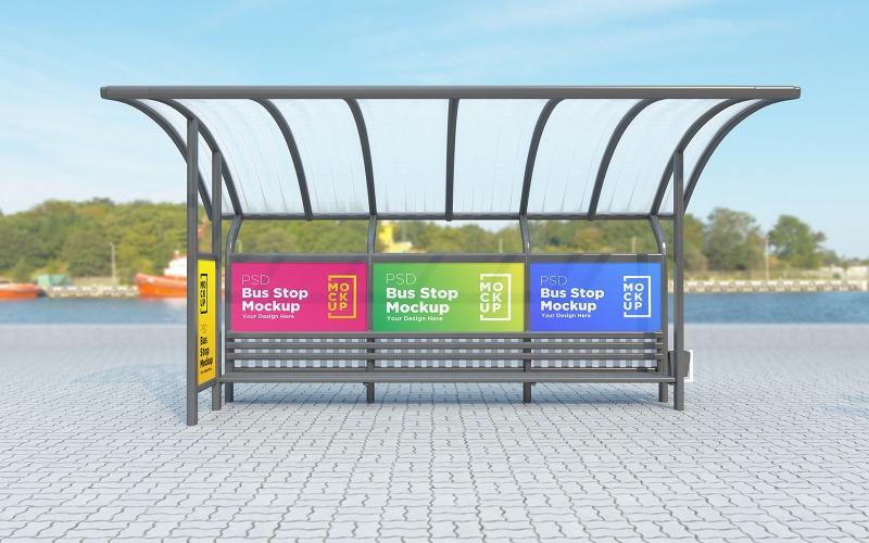 Bus Stop with Four Sign advertisement product mockup Product Mockup