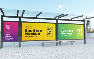 Bus Stop with Three Billboard advertisement signage product mockup