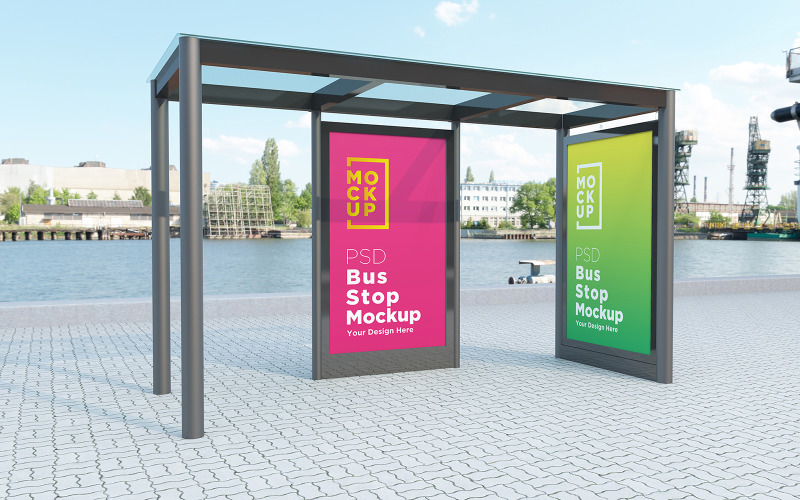 Bus Stop with two Sign advertisement product mockup Product Mockup