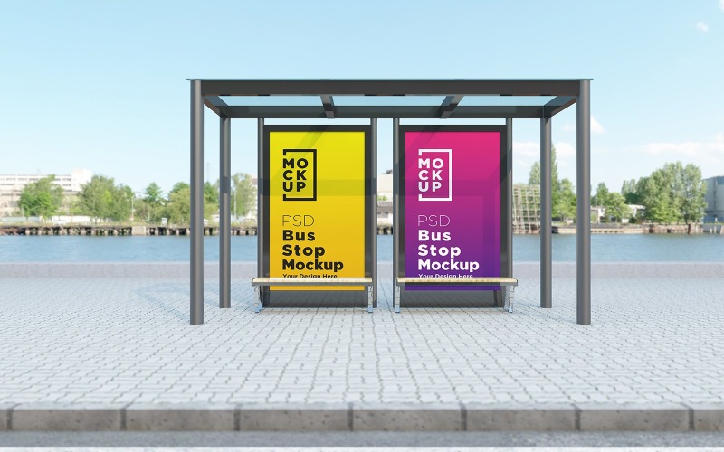 Bus Stop with two Signage advertisement product mockup Product Mockup
