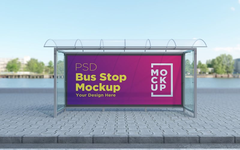 City Bus Stop Shelter Sign advertising signage product mockup Product Mockup
