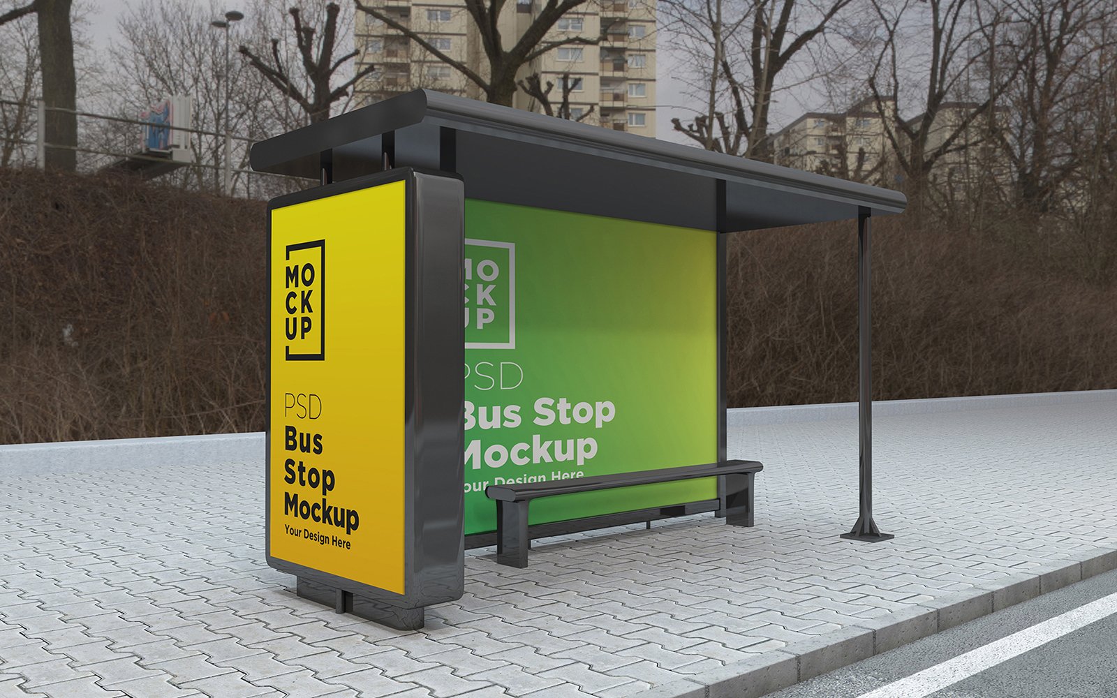 Download City Bus Stop with tow Signage product mockup - Мокап для продукта  на тему графика