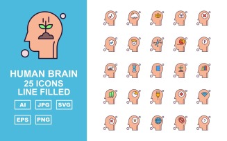 25 Premium Human Brain Process Line Filled Icon Set