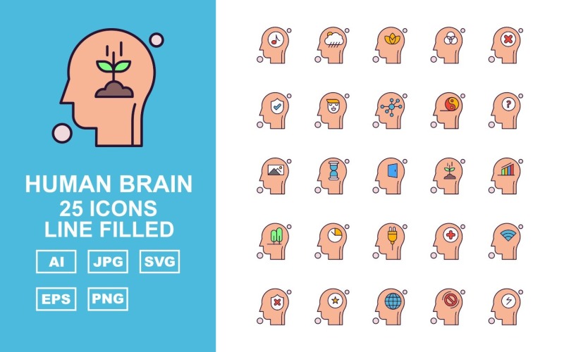25 Premium Human Brain Process Line Filled Icon Set
