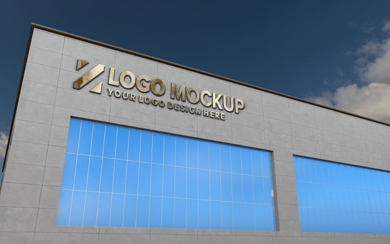 Golden Logo Mockup 3D Sign On Building façade product mockup Product Mockup