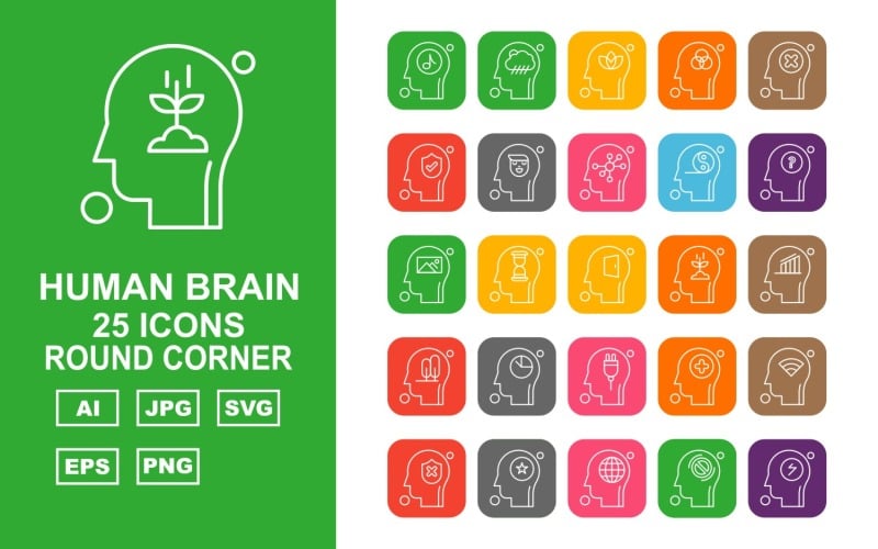 25 Premium Human Brain Round Corner Icon Set