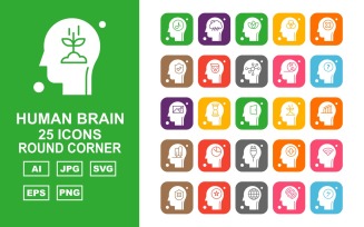 25 Premium Human Brain Round Corner Icon Set