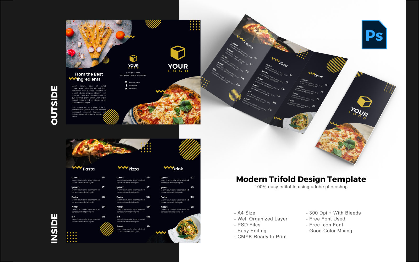 Food Restaurant Trifold Brochure PSD Template