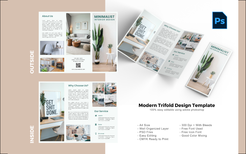 Minimal Interior Trifold Brochure PSD Template