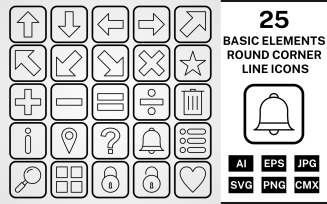 25 Basic Elements Round Corner Line Black Icon Set