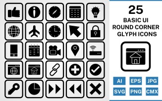 25 Basic ui Round Corner Glyph Black Icon Set