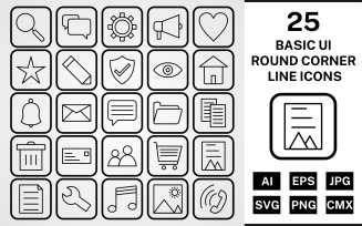 25 Basic ui Round Corner Line Black Icon Set