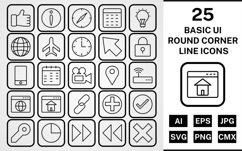 25 Basic ui Round Corner Line Black Icon Set