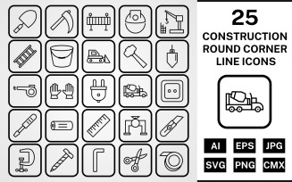 25 Construction Round Corner Line Black Icon Set
