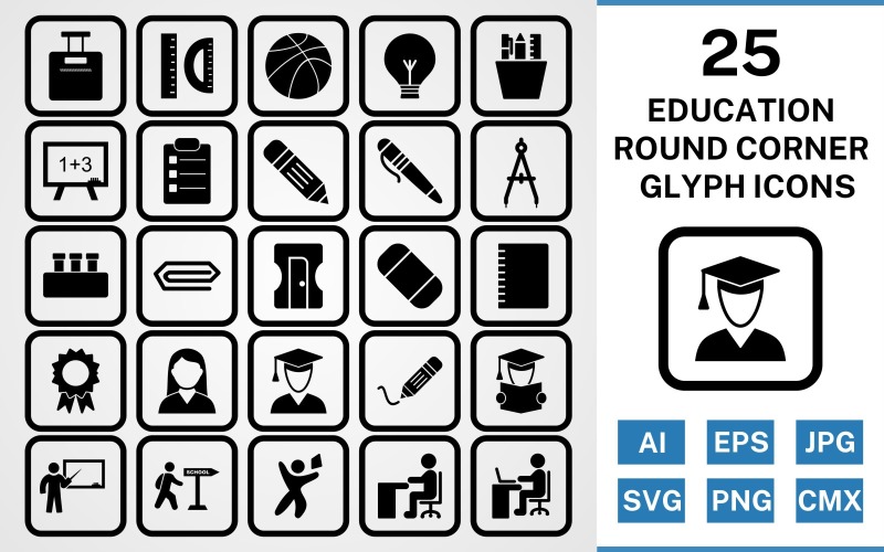 25 Education Round Corner Glyph Black Icon Set
