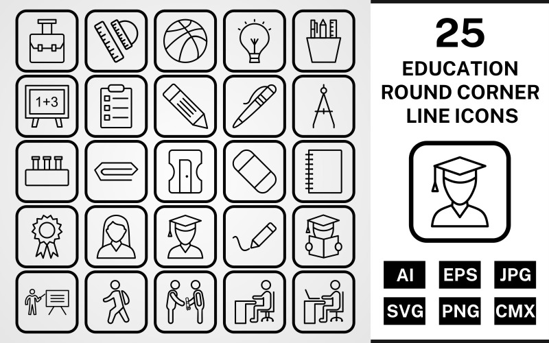 25 Education Round Corner Line Black Icon Set