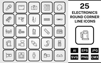 25 Electronic Devices Round Corner Line Black Icon Set