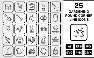 25 Gardening Round Corner Line Black Icon Set
