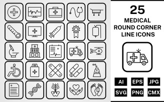 25 Medical Round Corner Line Black Icon Set