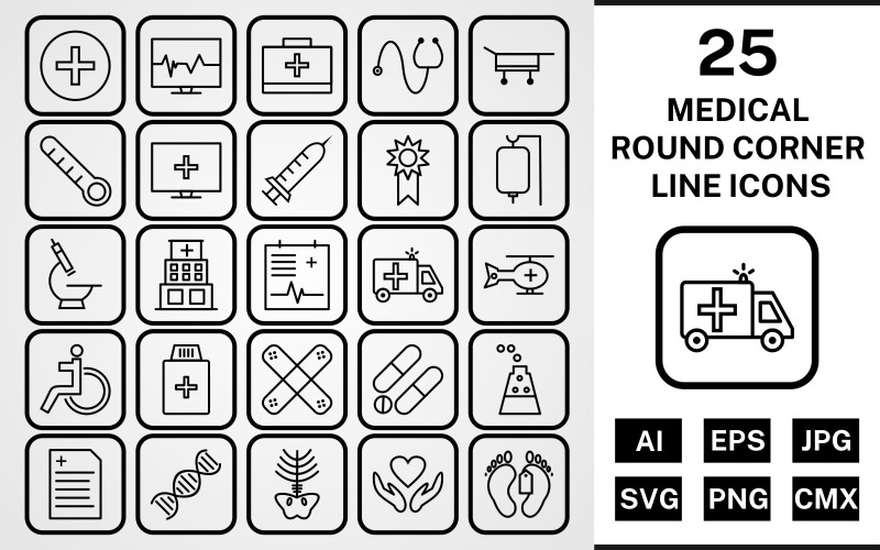 25 Medical Round Corner Line Black Icon Set
