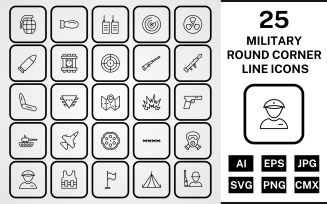 25 Military Round Corner Line Black Icon Set