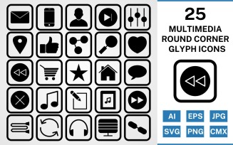 25 Multimedia Round Corner Glyph Black Icon Set