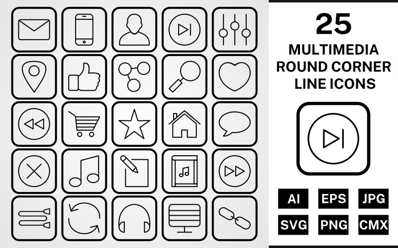 25 Multimedia Round Corner Line Black Icon Set