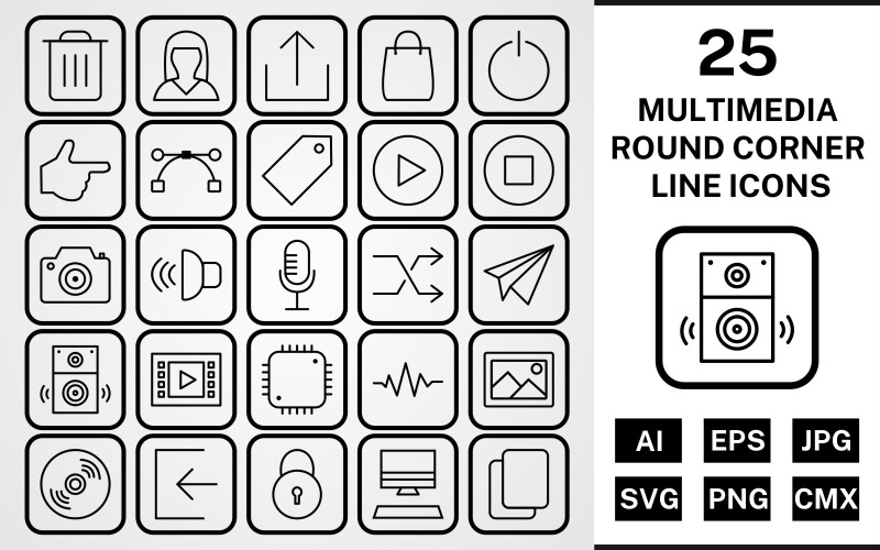 25 Multimedia Round Corner Line Black Icon Set