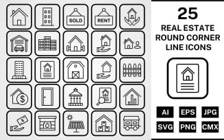 25 Real Estate Round Corner Line Black Icon Set