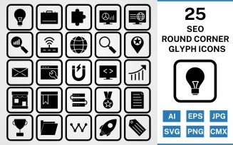 25 Seo Round Corner Glyph Black Icon Set