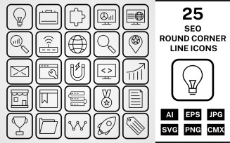 25 Seo Round Corner Line Black Icon Set