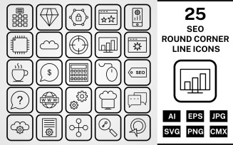 25 Seo Round Corner Line Black Icon Set