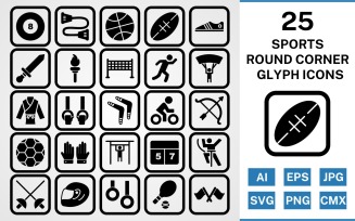 25 Sports And Games Round Corner Glyph Black Icon Set