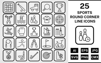25 Sports And Games Round Corner Line Black Icon Set