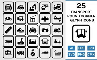 25 Transport Round Corner Glyph Black Icon Set