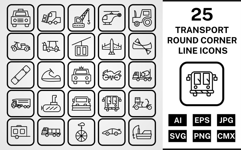 25 Transport Round Corner Line Black Icon Set