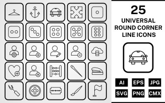 25 Universal Round Corner Line Black Icon Set