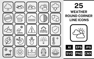 25 Weather Round Corner Line Black Icon Set