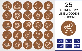 25 Astronomy Line Wooden BG Icon Set