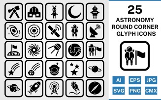 25 Astronomy Round Corner Glyph Black Icon Set