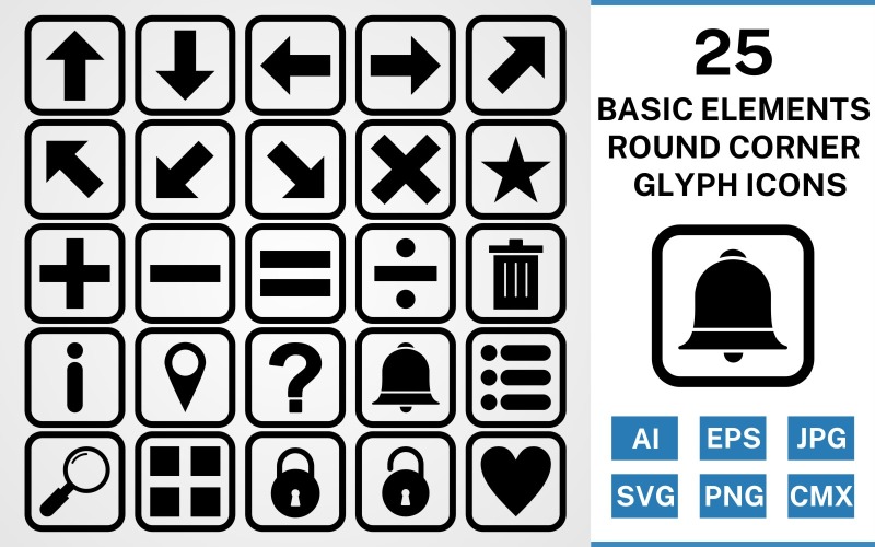 25 Basic Elements Round Corner Glyph Black Icon Set